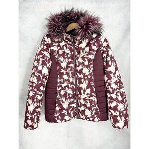 Obermeyer Resort Bombshell Wine and Vine Floral Ski Jacket Faux Fur Hood Size 12